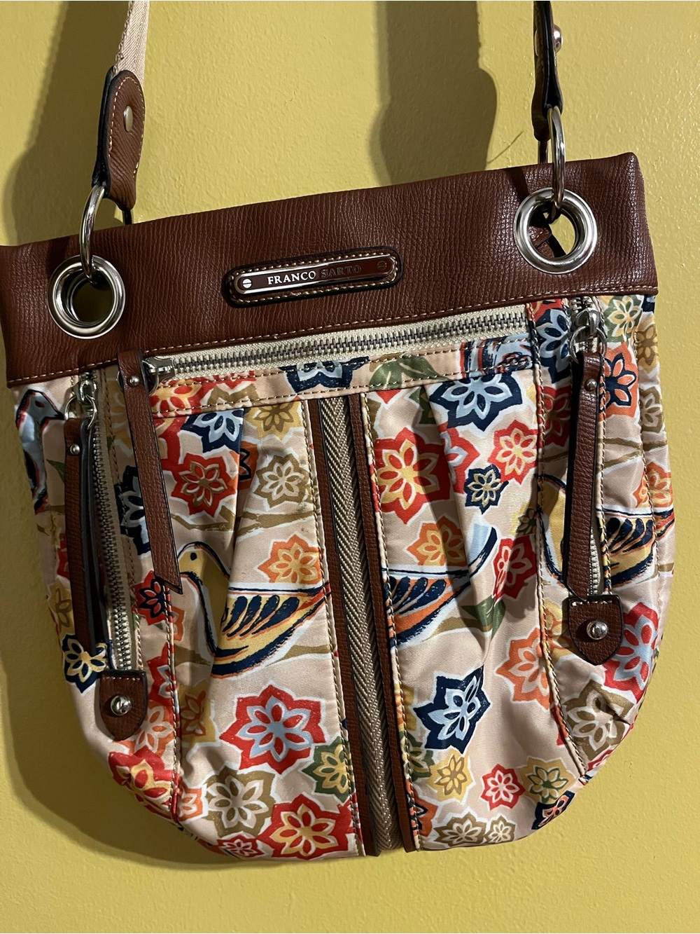 Franco Sarto Multicolor Floral & Bird Shoulder Bag - Brown Trim